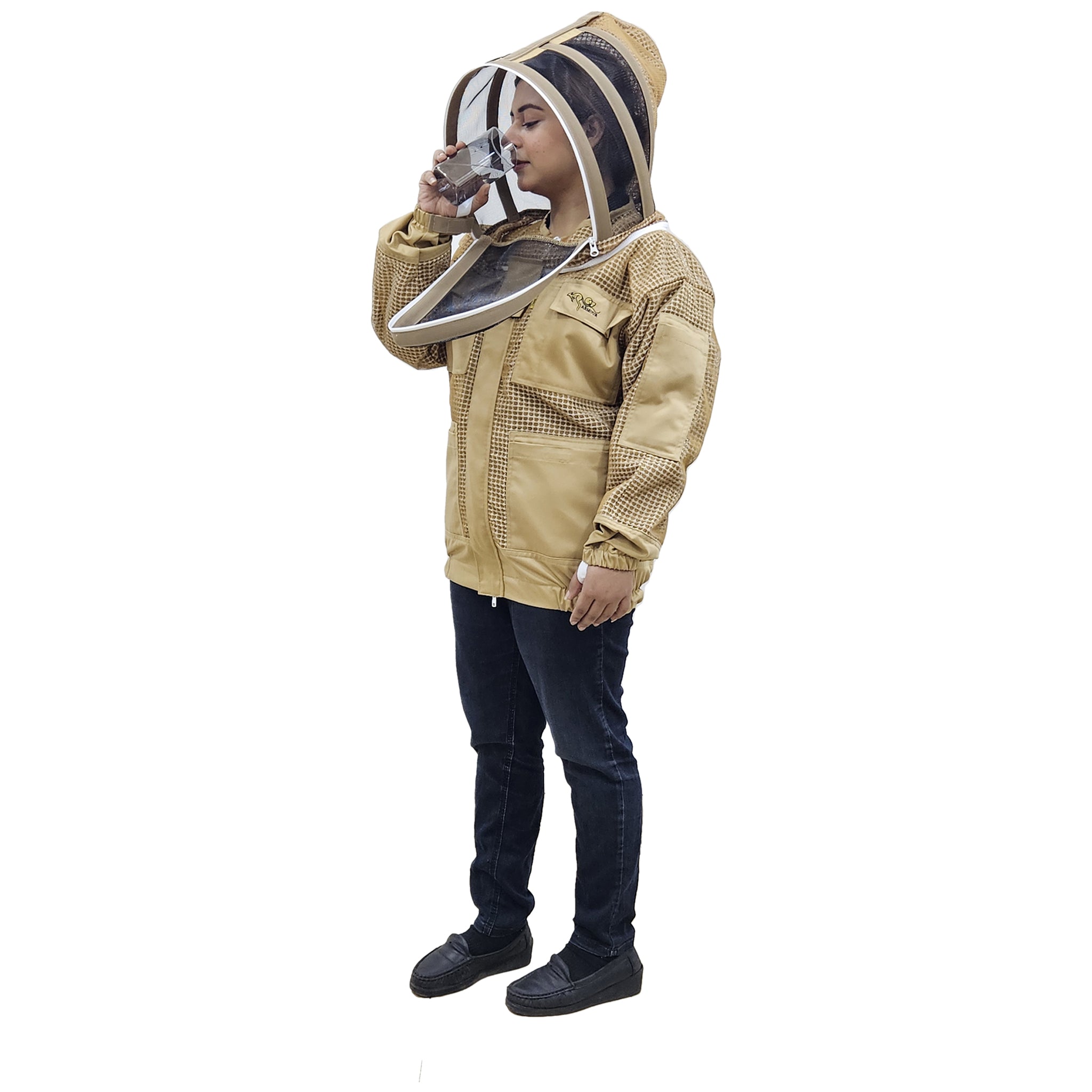 Person wearing a Khaki Beekeeping suit with a hood