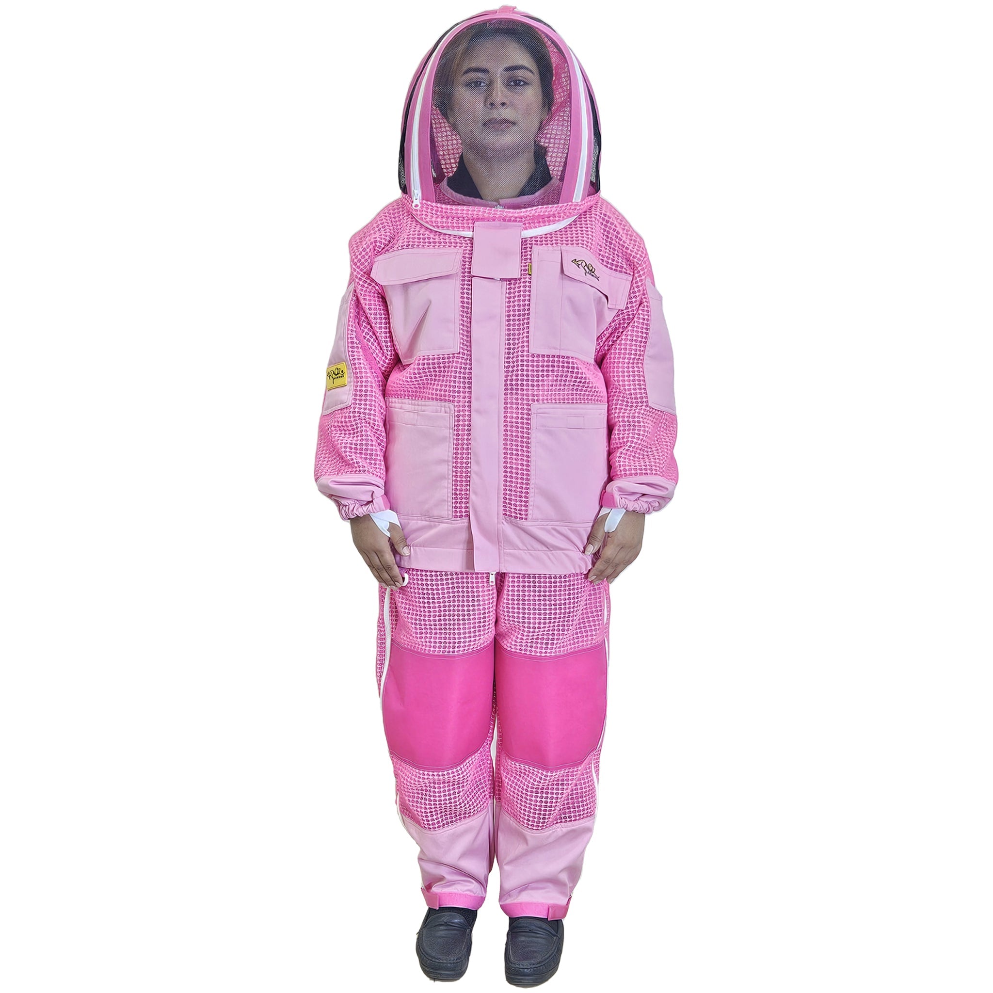 Pink beekeeping suit with veil front view
