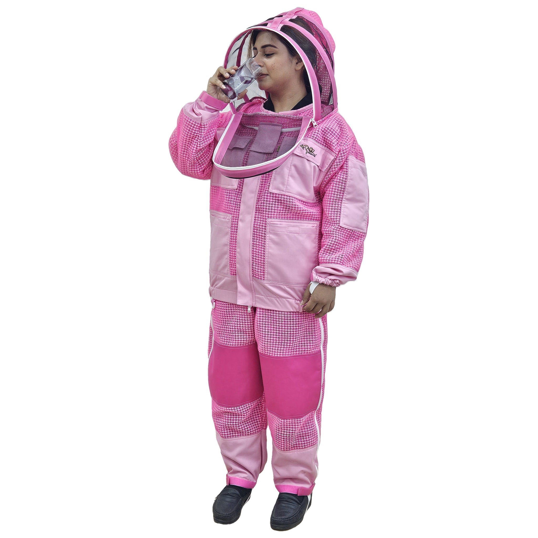 Pink beekeeping suit angled view