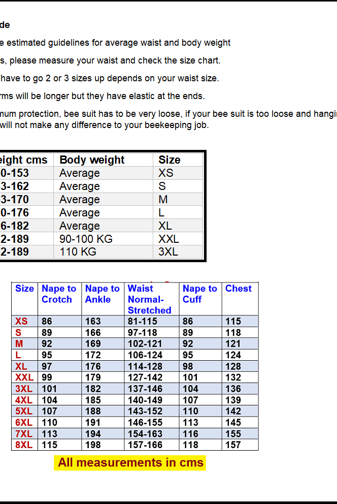 OZ APIARIST beekeeping suit size chart and product measurements