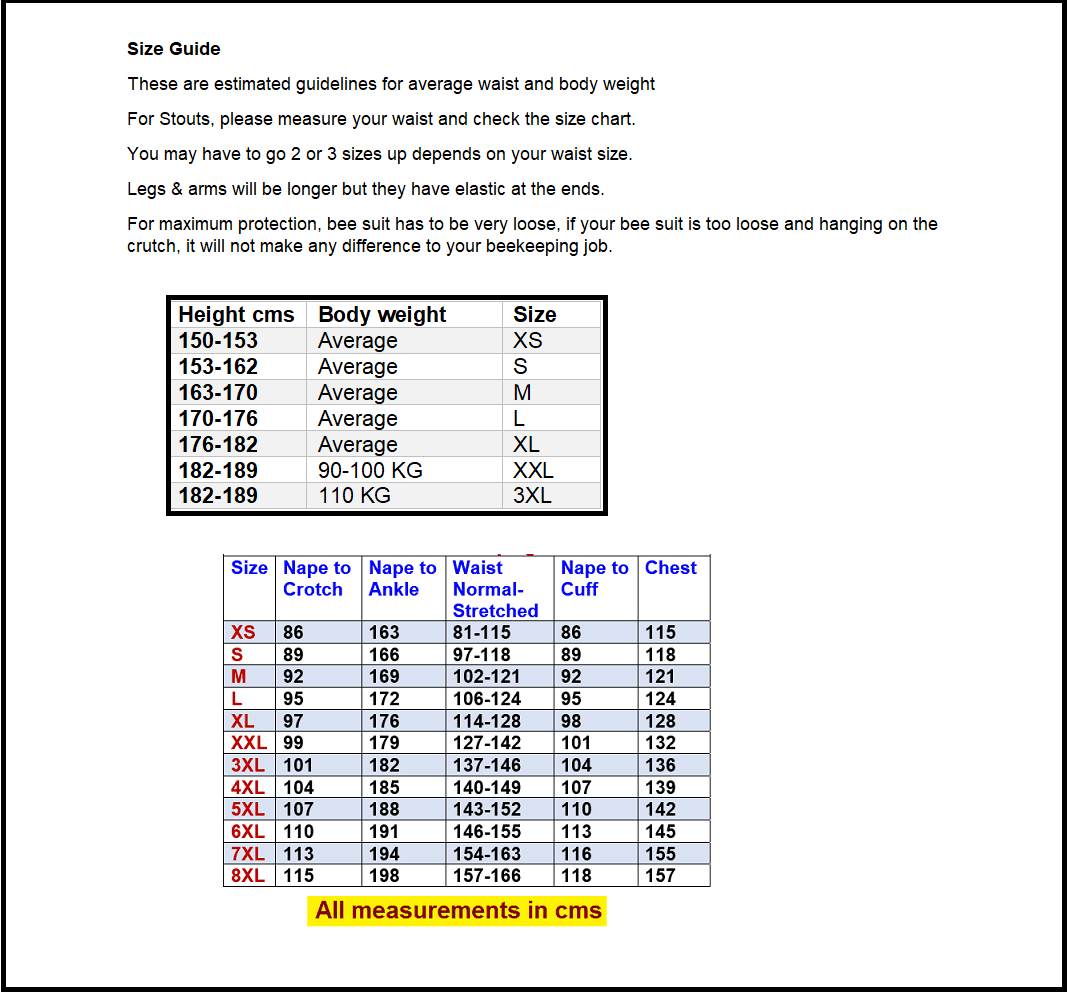 OZ APIARIST beekeeping suit size chart and product measurements