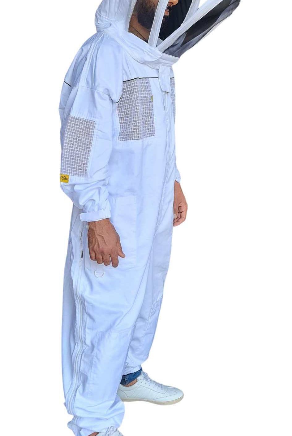 Side view of blue OZ ARMOUR ventilated beekeeping suit with veil