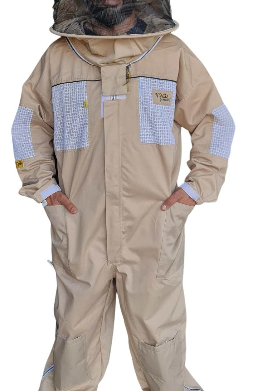 Beige OZ ARMOUR ventilated beekeeping suit with round hat veil