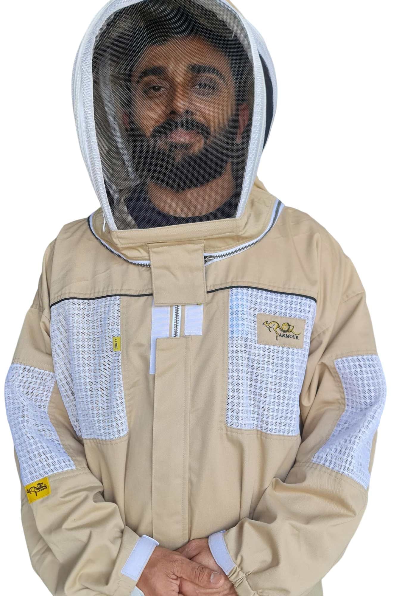 Close up of OZ ARMOUR beekeeping suit with round hat veil