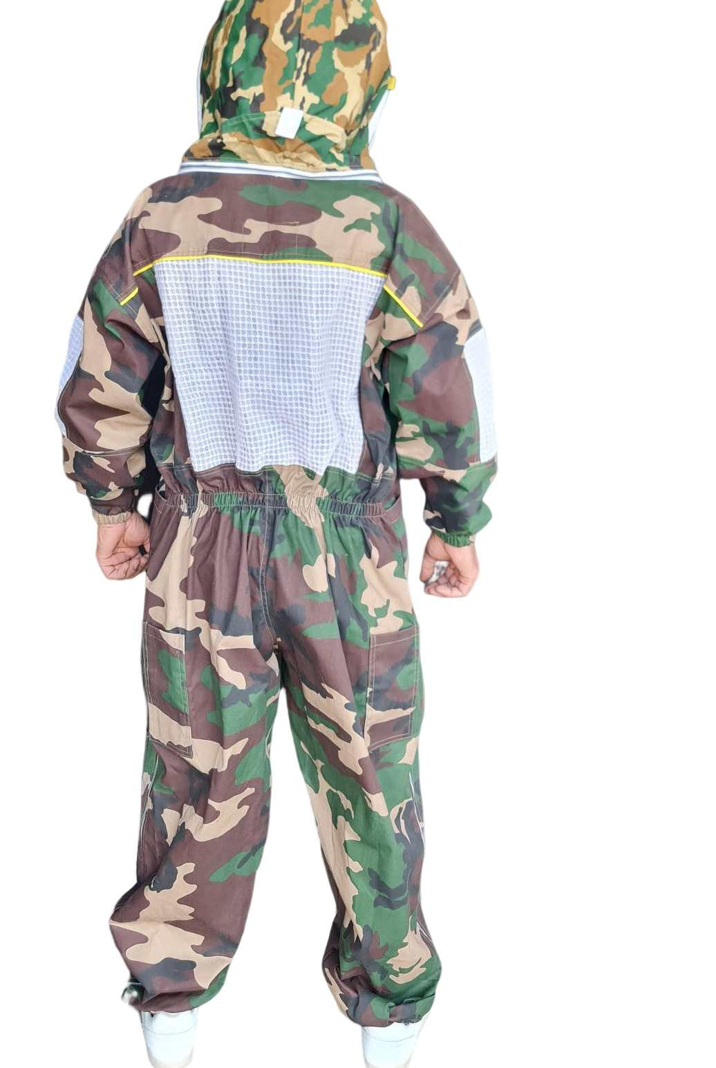 Back view of camouflage OZ ARMOUR beekeeping suit with veil