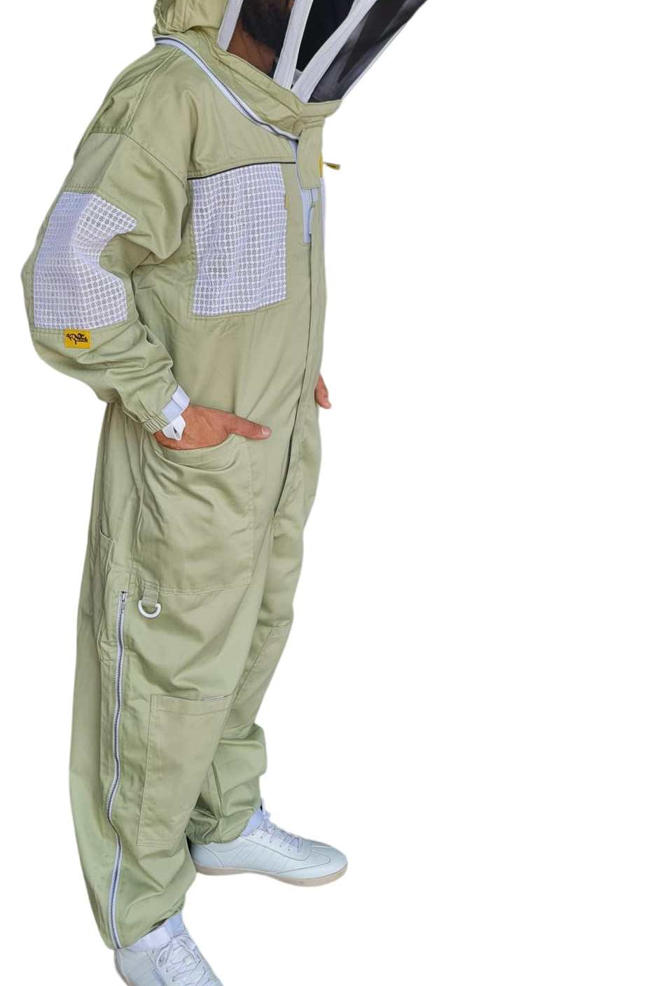 Side view of light green OZ ARMOUR ventilated beekeeping suit