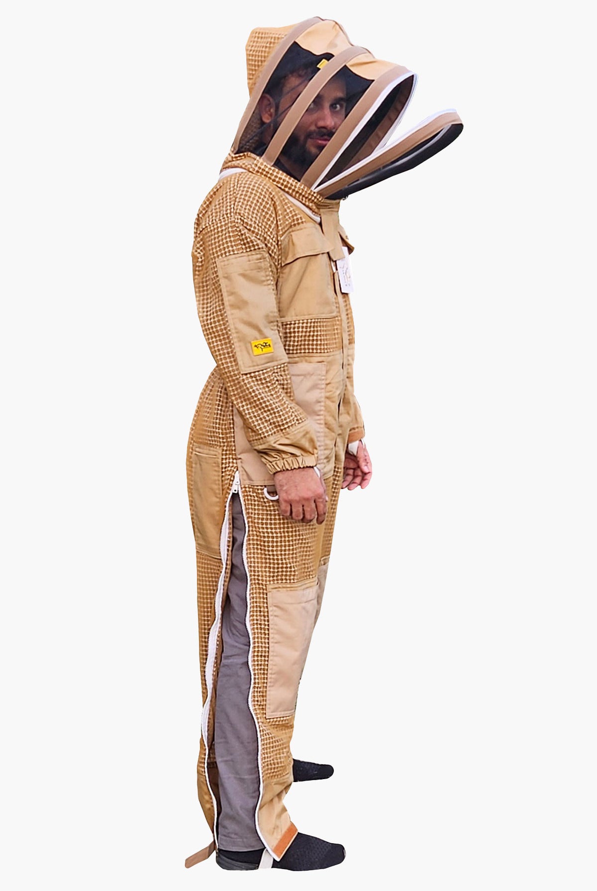 Khaki 3 Layer Super Cool Mesh Beekeeping Suit With Fencing Veil Left Sde
