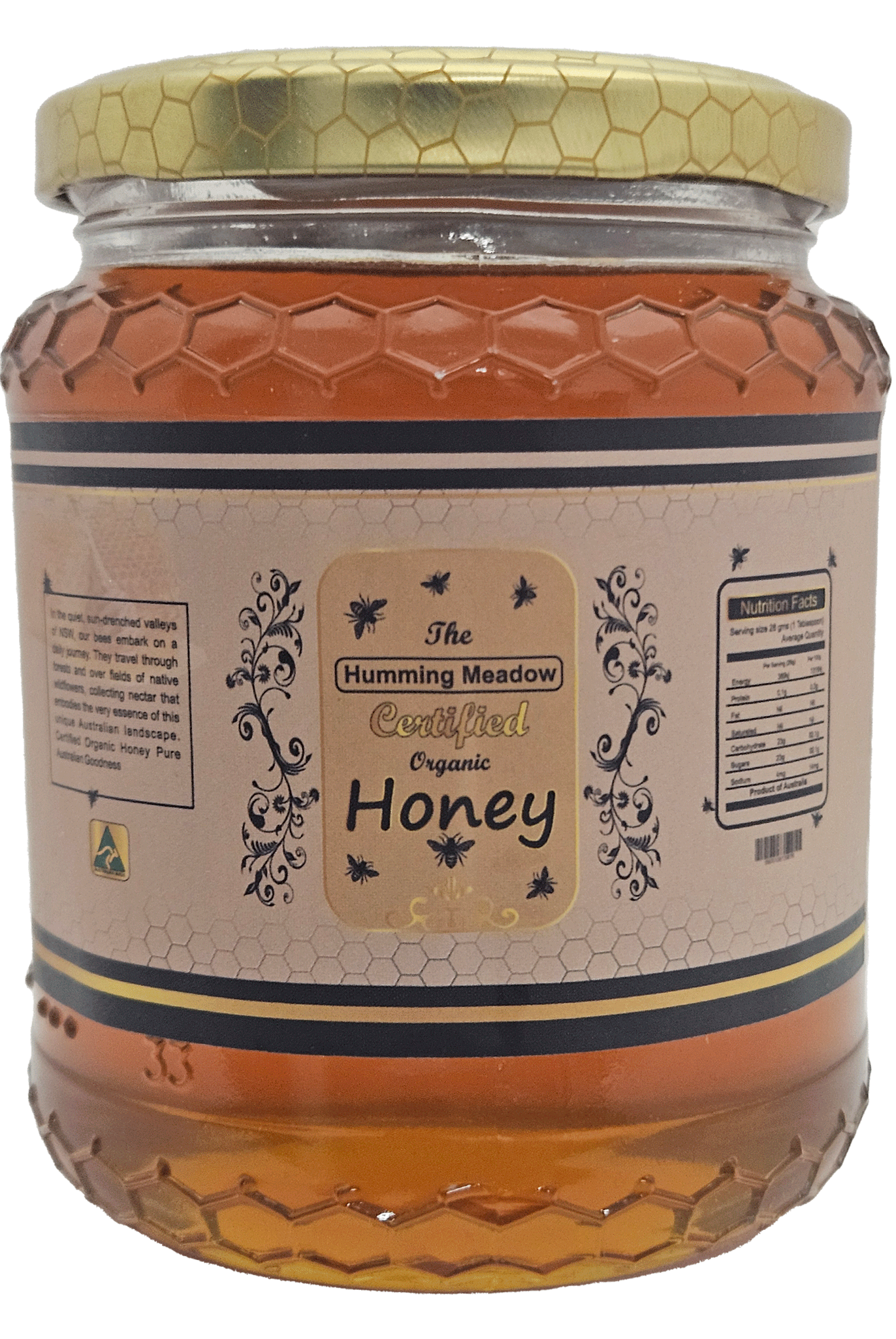 Organic honey glass jar with label and gold lid