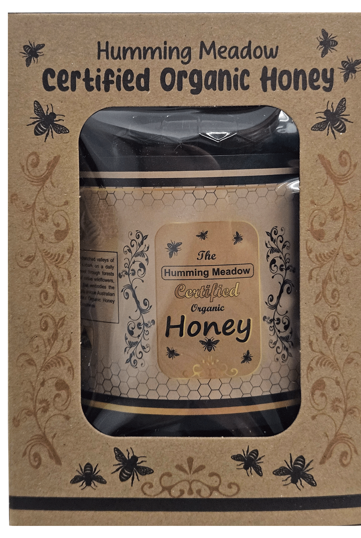 Organic honey gift box with jar visible through front window