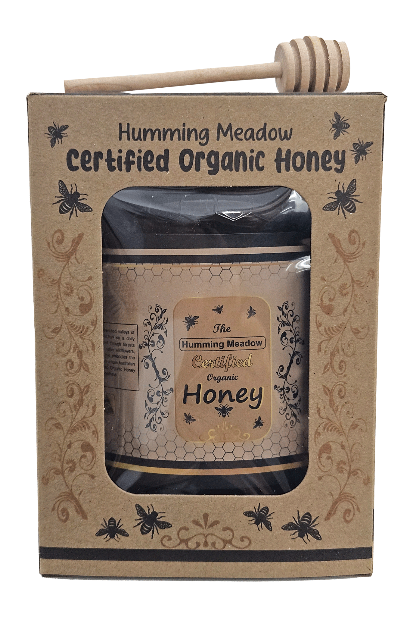 Organic honey gift box with wooden honey dipper on top