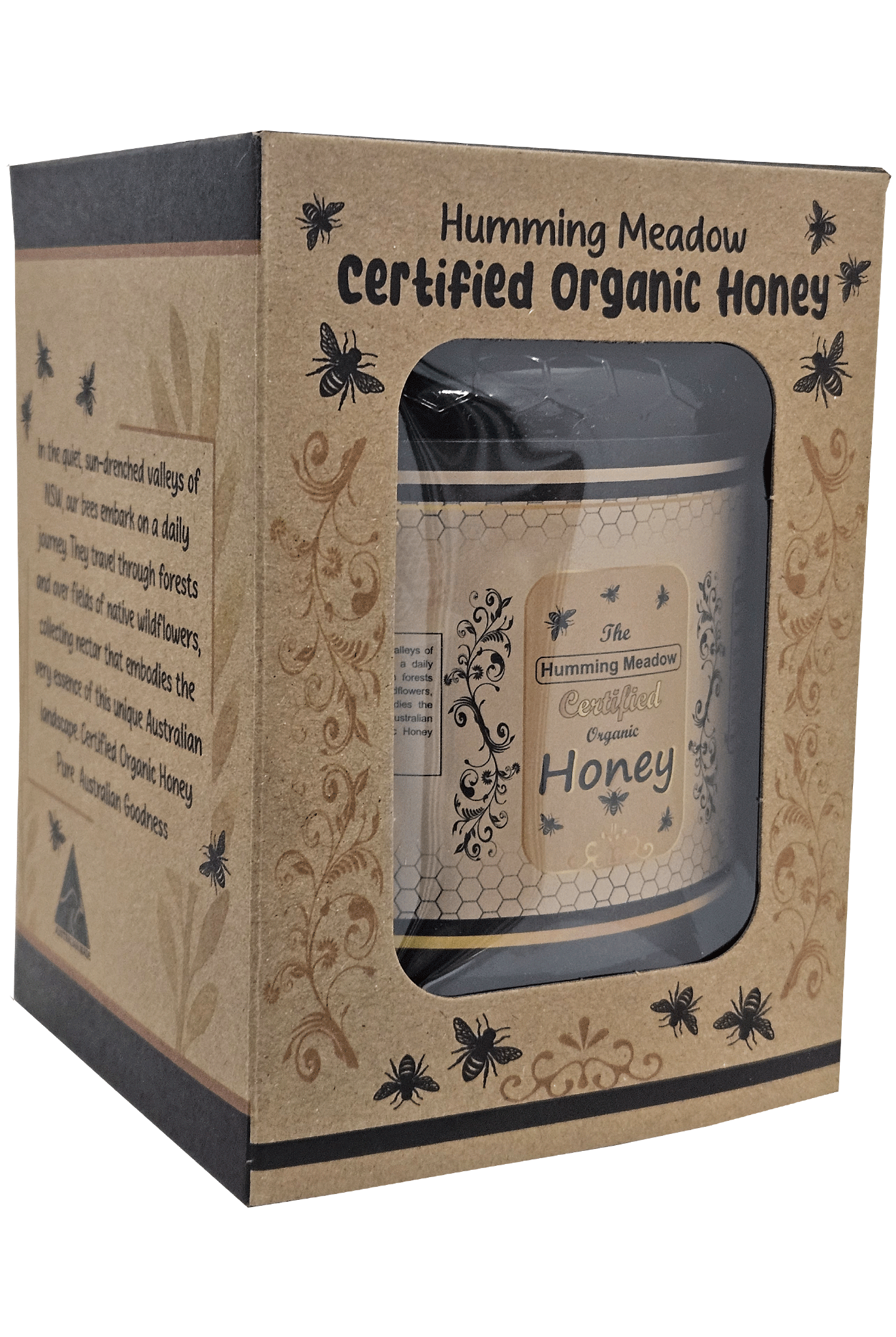 Side angle view of organic honey gift box packaging