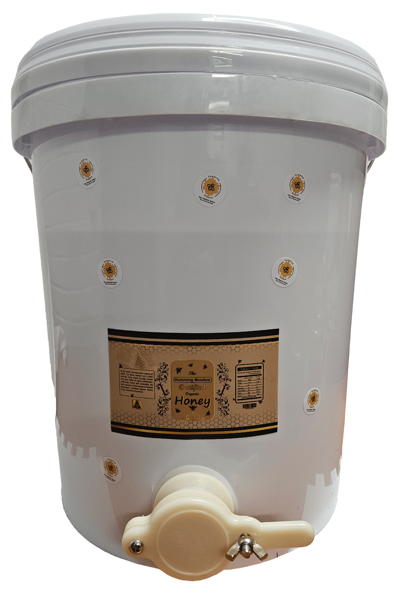 Organic honey in white food-grade bucket with lid and honey gate tap