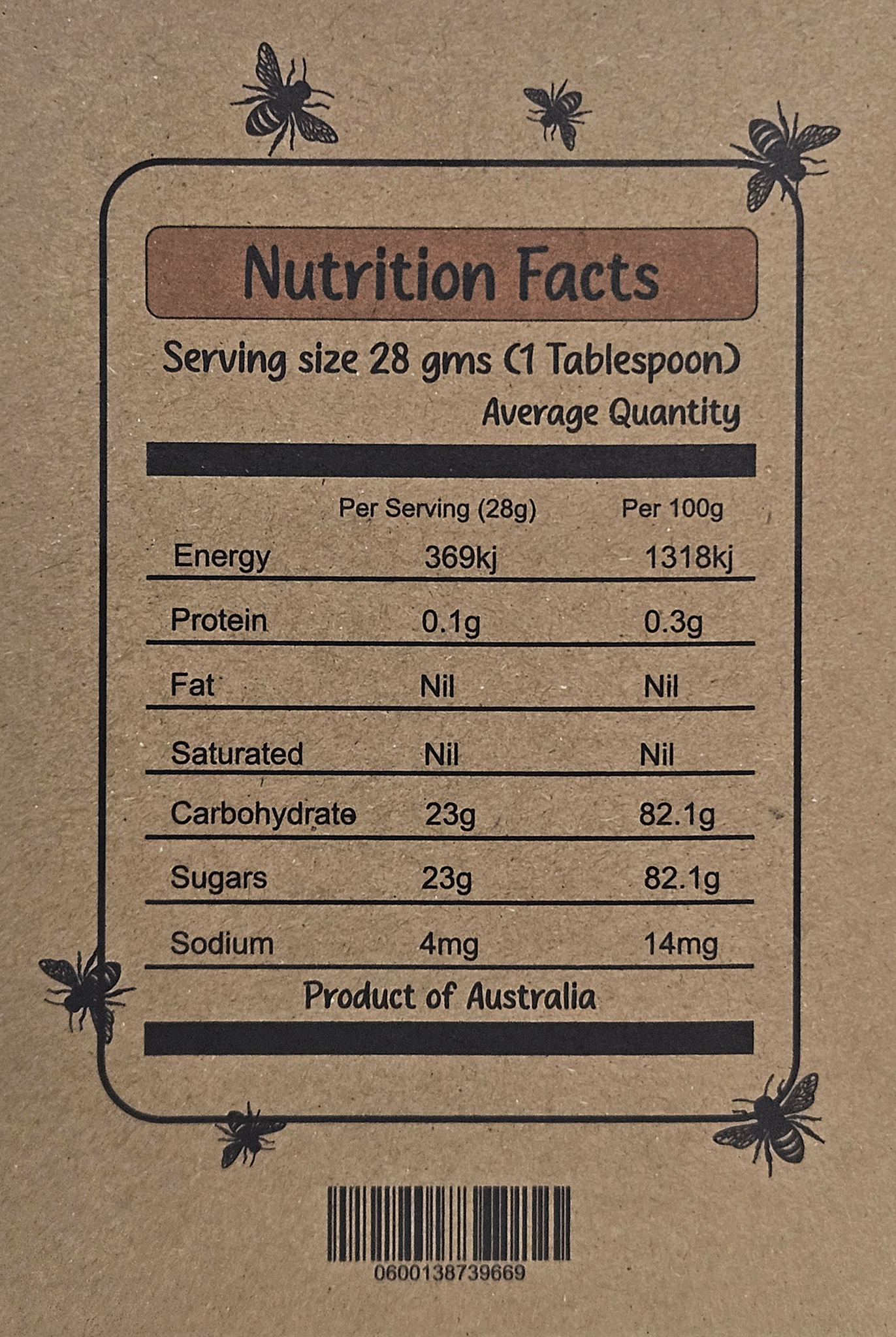 Nutrition facts panel on organic honey packaging