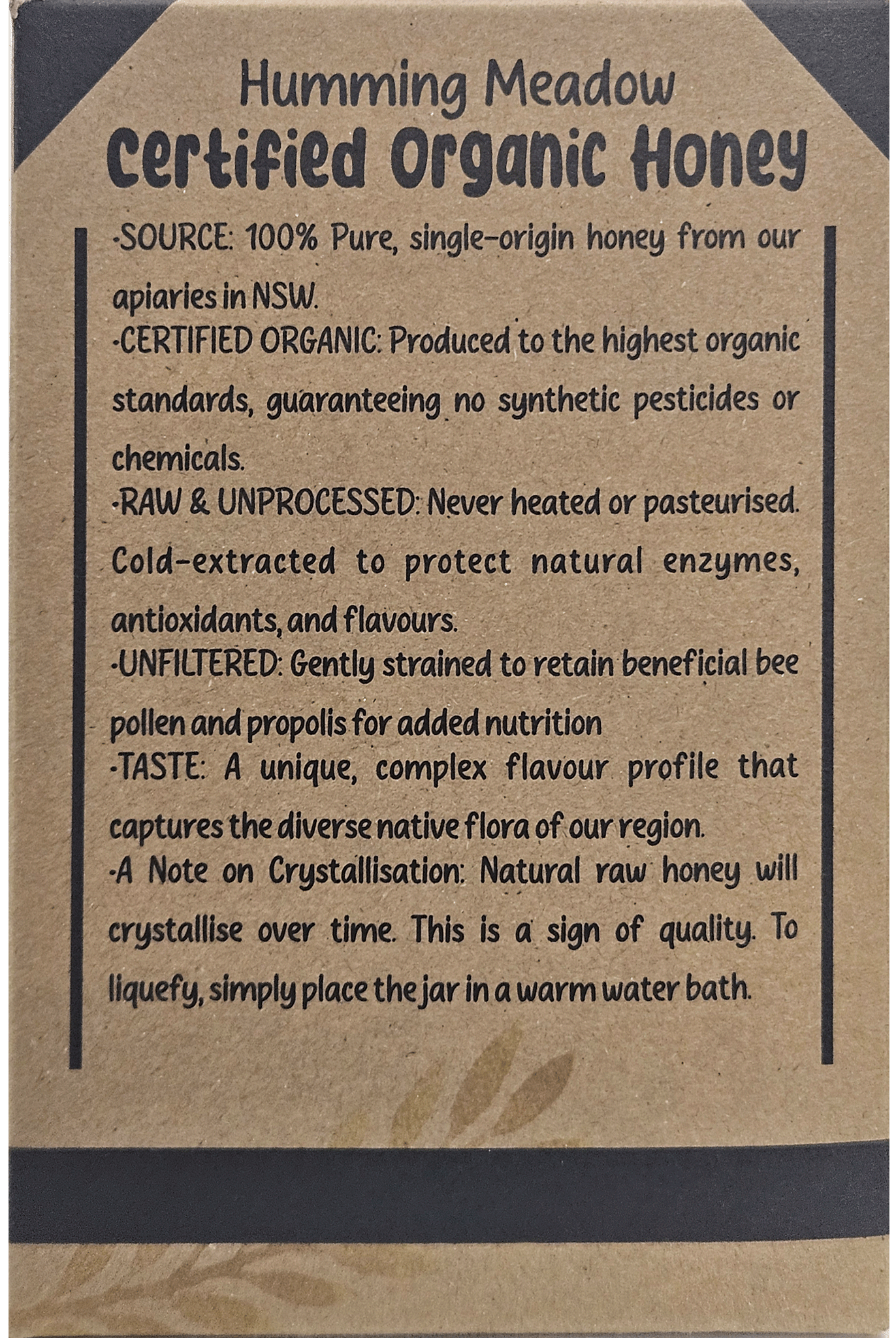Back panel of organic honey packaging showing product information