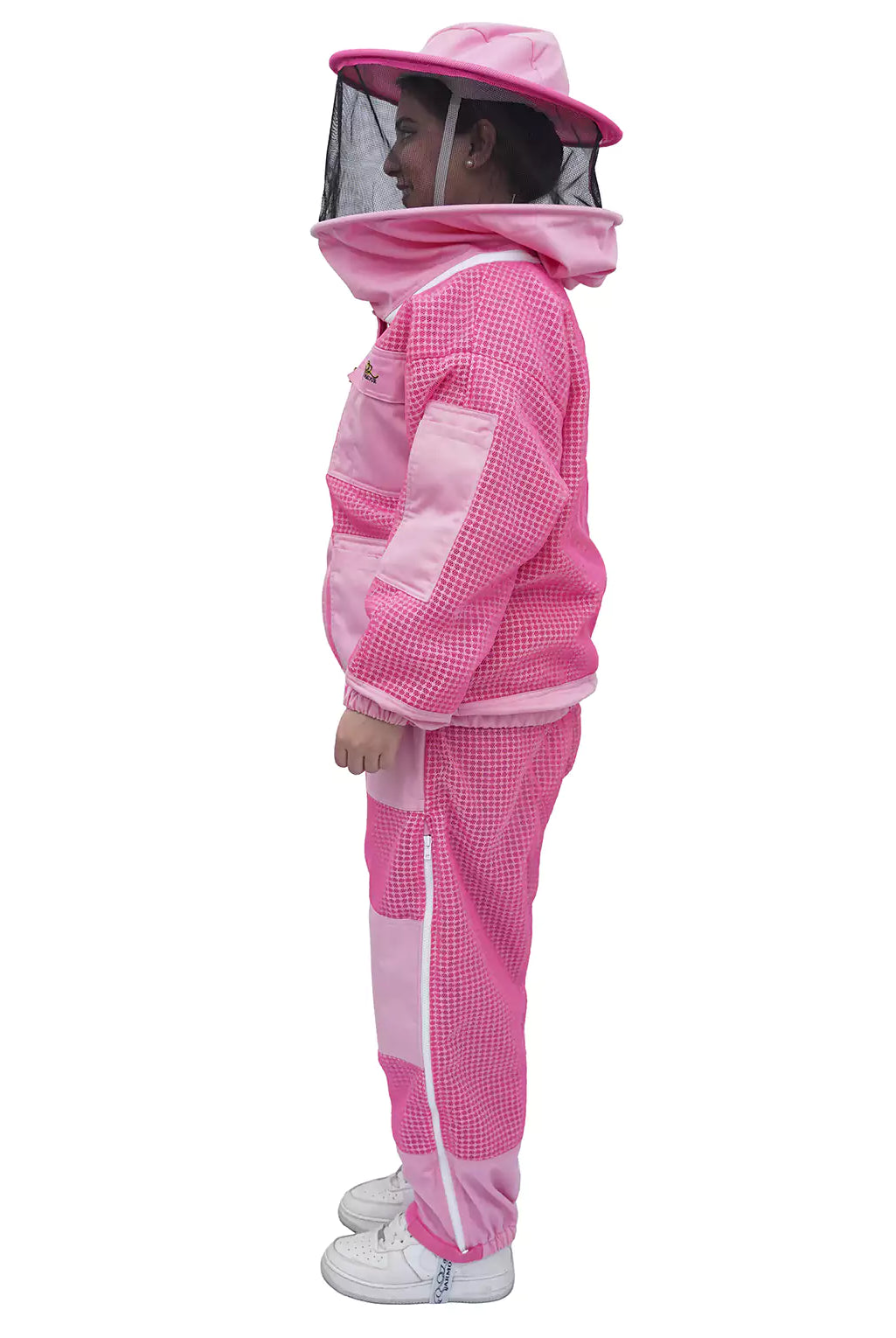 Pink Beekeeping Jacket & Trousers Pants Set 3 Layer Mesh with Round veil