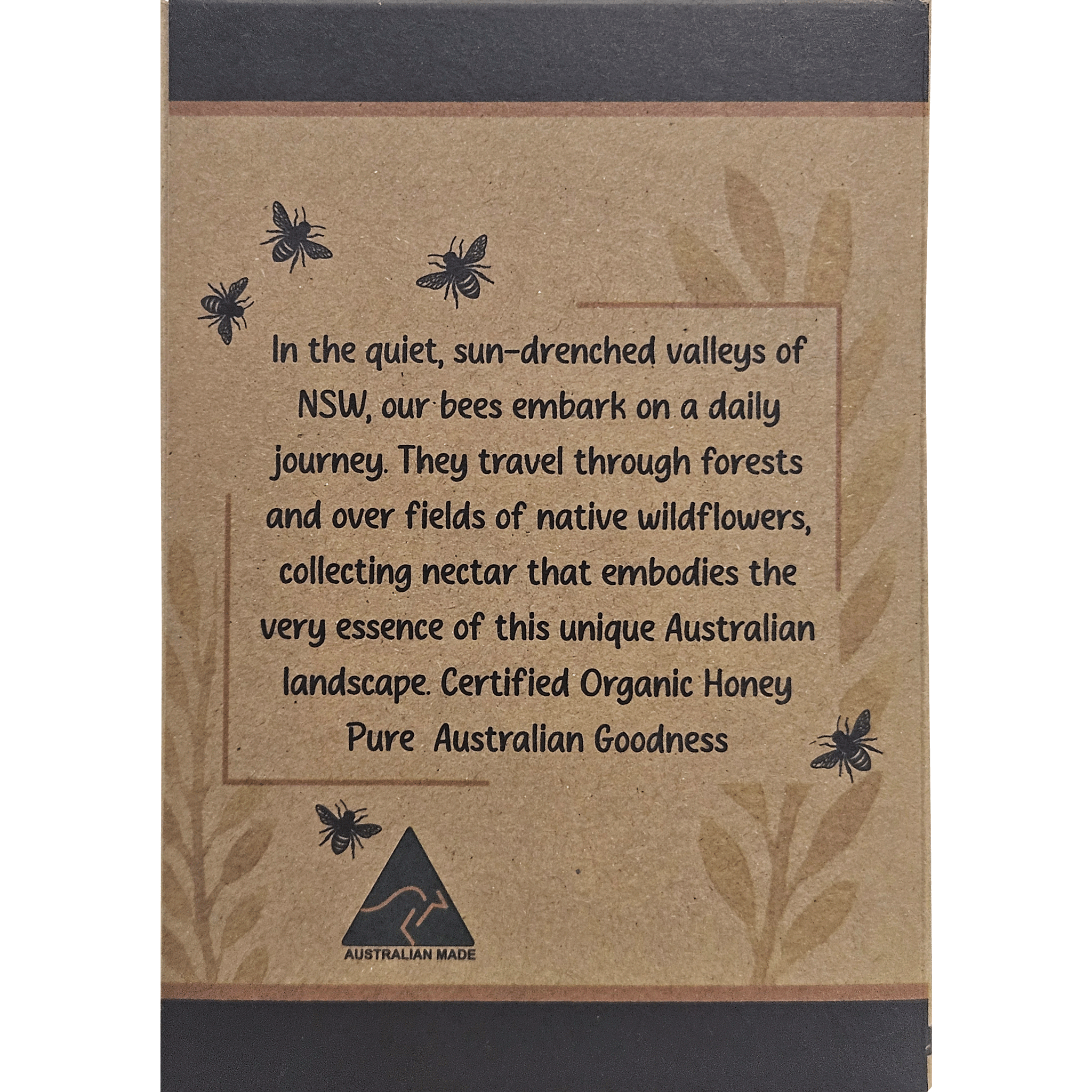 Back panel of organic honey packaging with brand story and Australian made logo