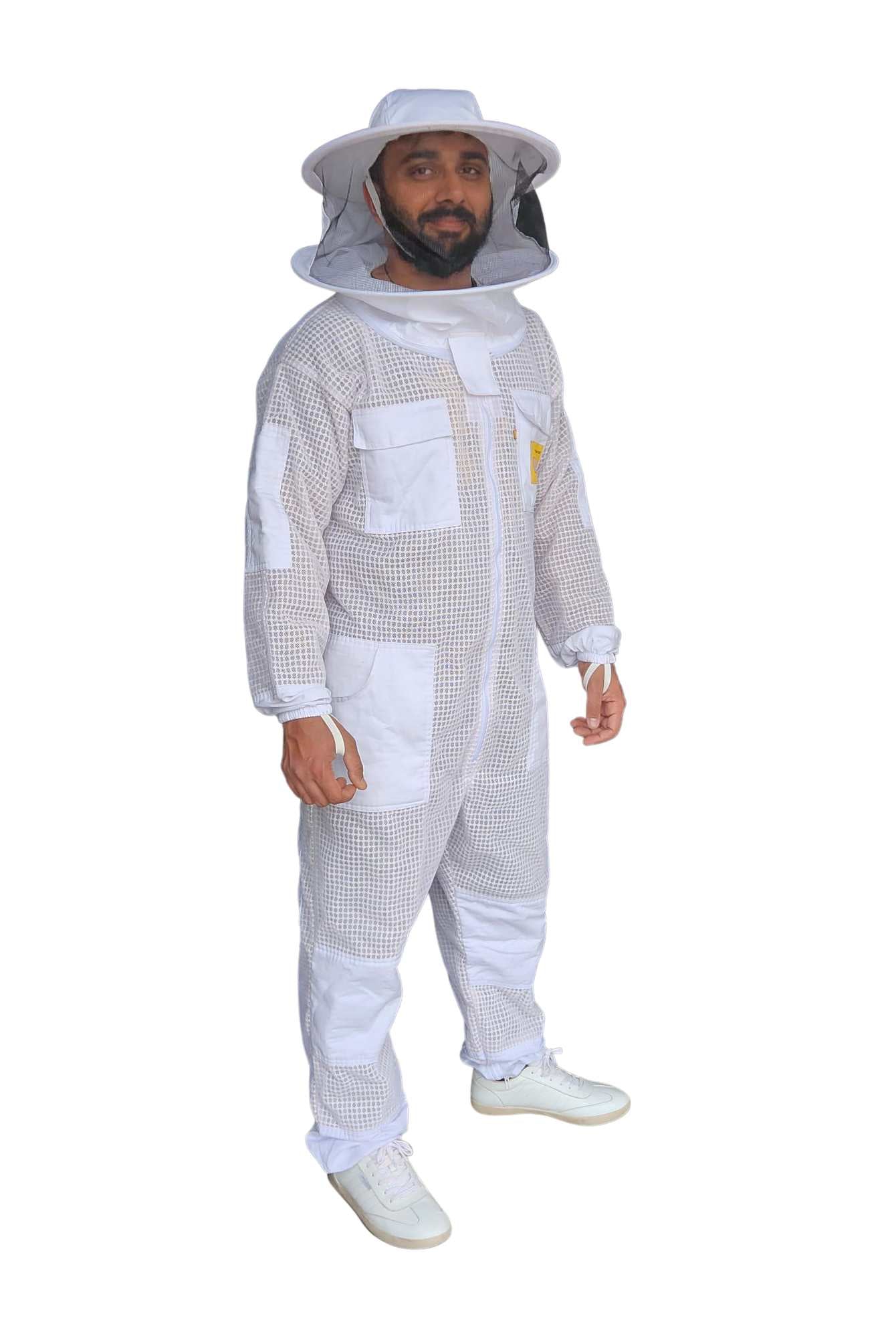 Front view of white 3-layer ventilated beekeeping suit with veil