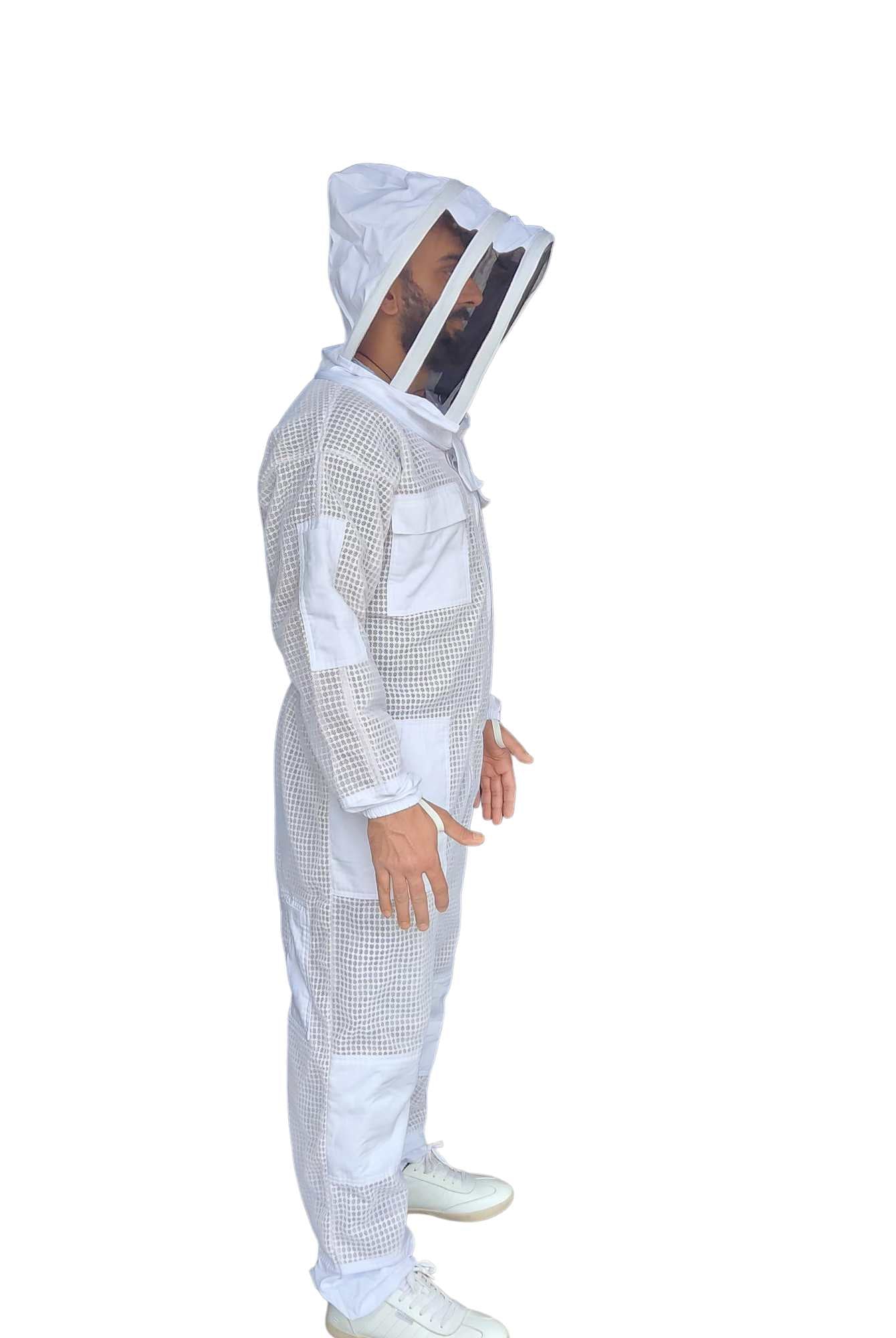 Side profile of white ventilated beekeeping suit with protective veil