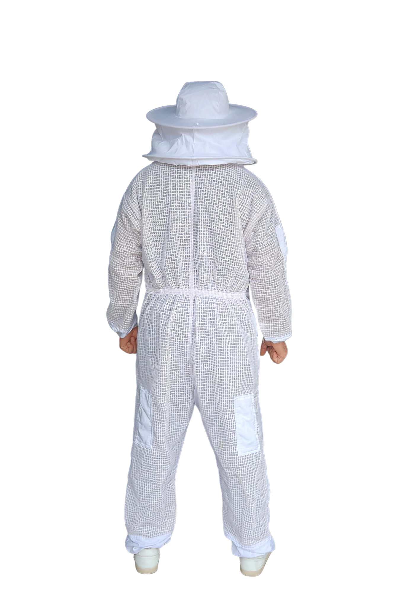 Rear full body view of white 3-layer beekeeping suit