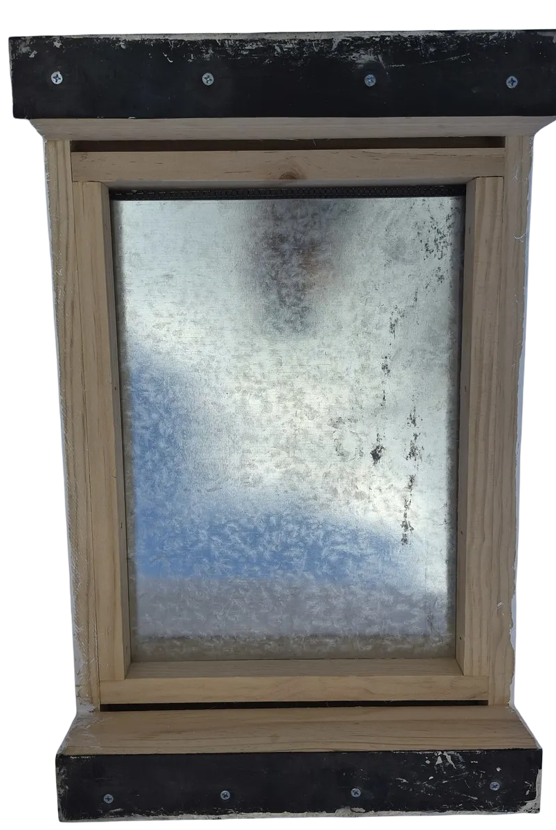Beehive screened bottom board with galvanized steel insert tray — front view