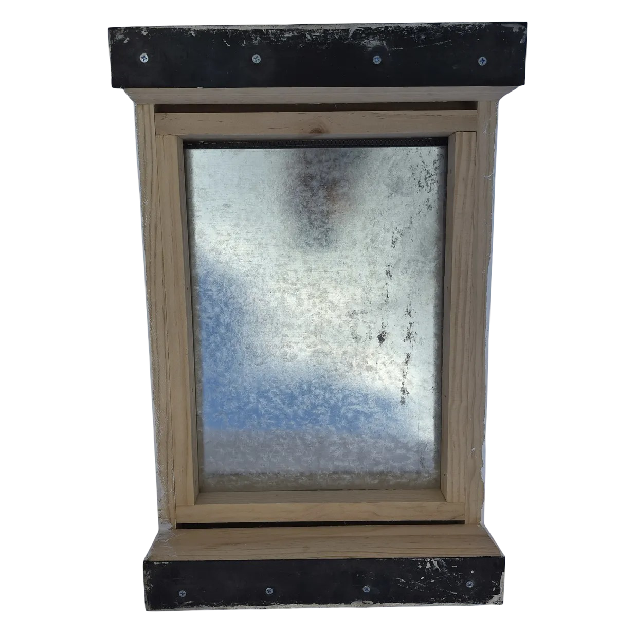 Beehive screened bottom board with galvanized steel insert tray — front view