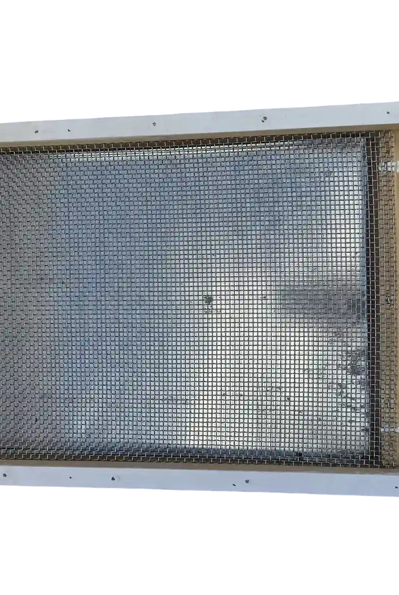 Underside view of screened bottom board showing wire mesh and wooden frame