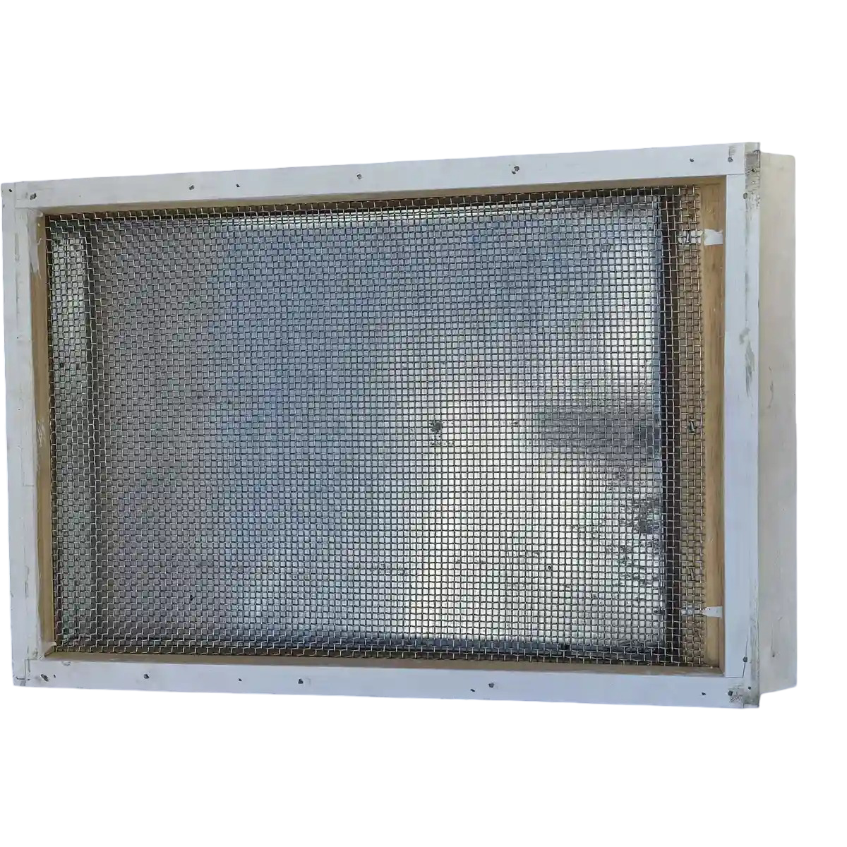 Underside view of screened bottom board showing wire mesh and wooden frame
