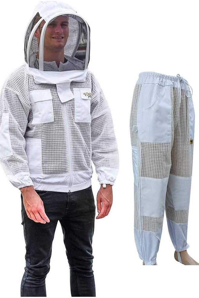 Beekeeping Suit Jacket & Trousers Pants with 2 Veils Fencing & Round Brim Hat Ventilated 3 Layer Mesh Costume -