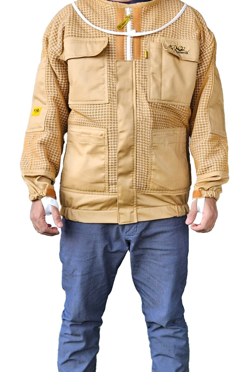 Khaki 3 Layer Mesh Ventilated Beekeeping Jacket With Fencing Veil & Round Hat Veil - Premium Jackets