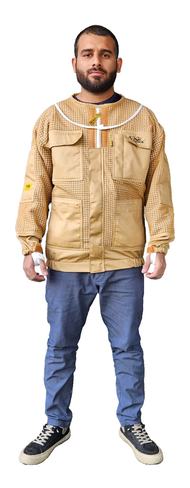 Khaki 3 Layer Mesh Ventilated Beekeeping Jacket With Fencing Veil & Round Hat Veil - Premium Jackets