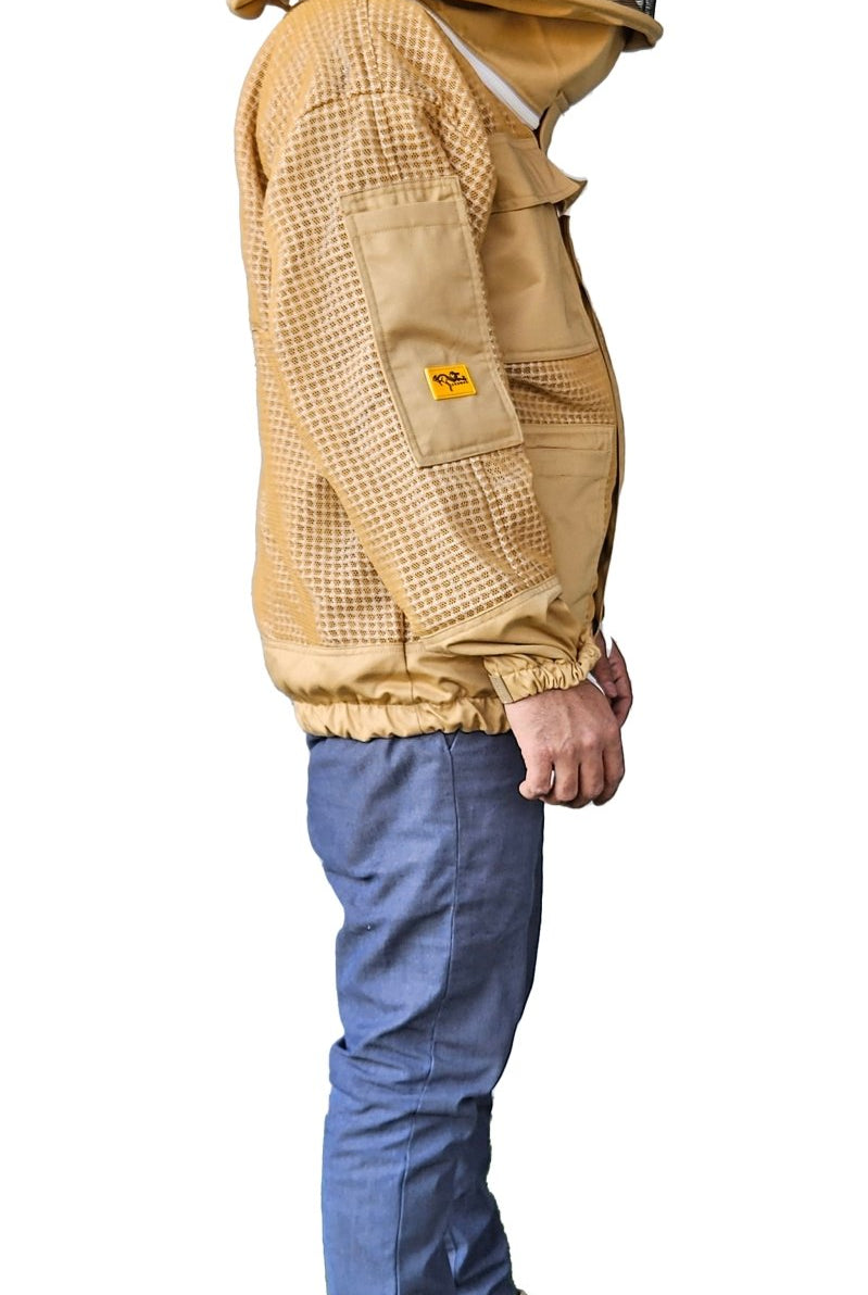 Khaki 3 Layer Mesh Ventilated Beekeeping Jacket With Fencing Veil & Round Hat Veil - Premium Jackets