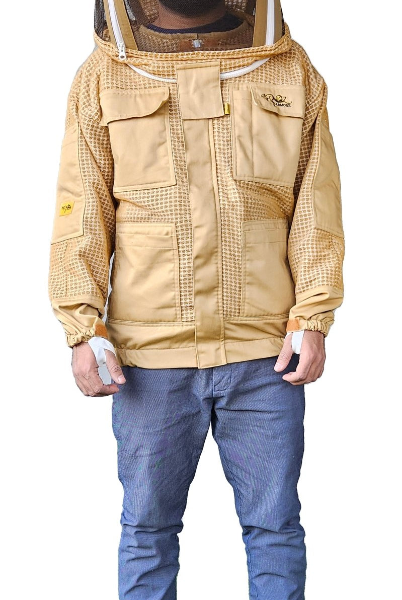 Khaki 3 Layer Mesh Ventilated Beekeeping Jacket With Fencing Veil & Round Hat Veil - Premium Jackets