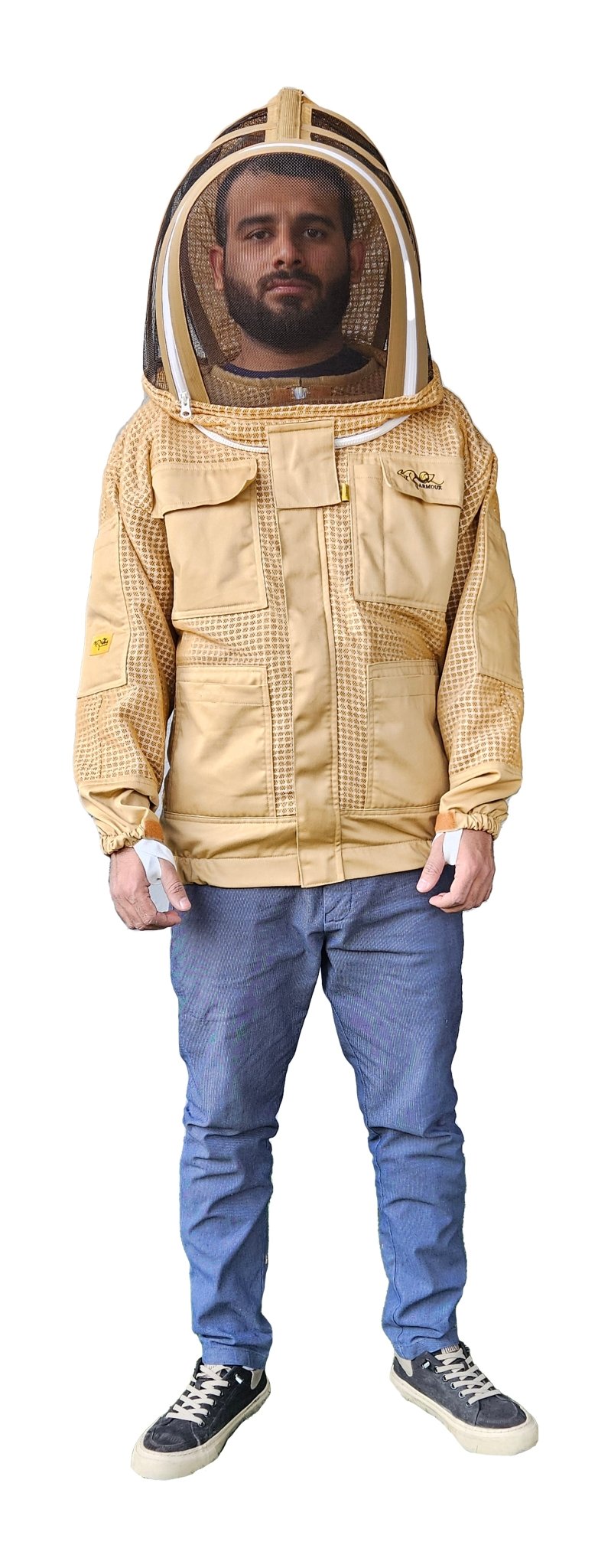 Khaki 3 Layer Mesh Ventilated Beekeeping Jacket With Fencing Veil & Round Hat Veil - Premium Jackets