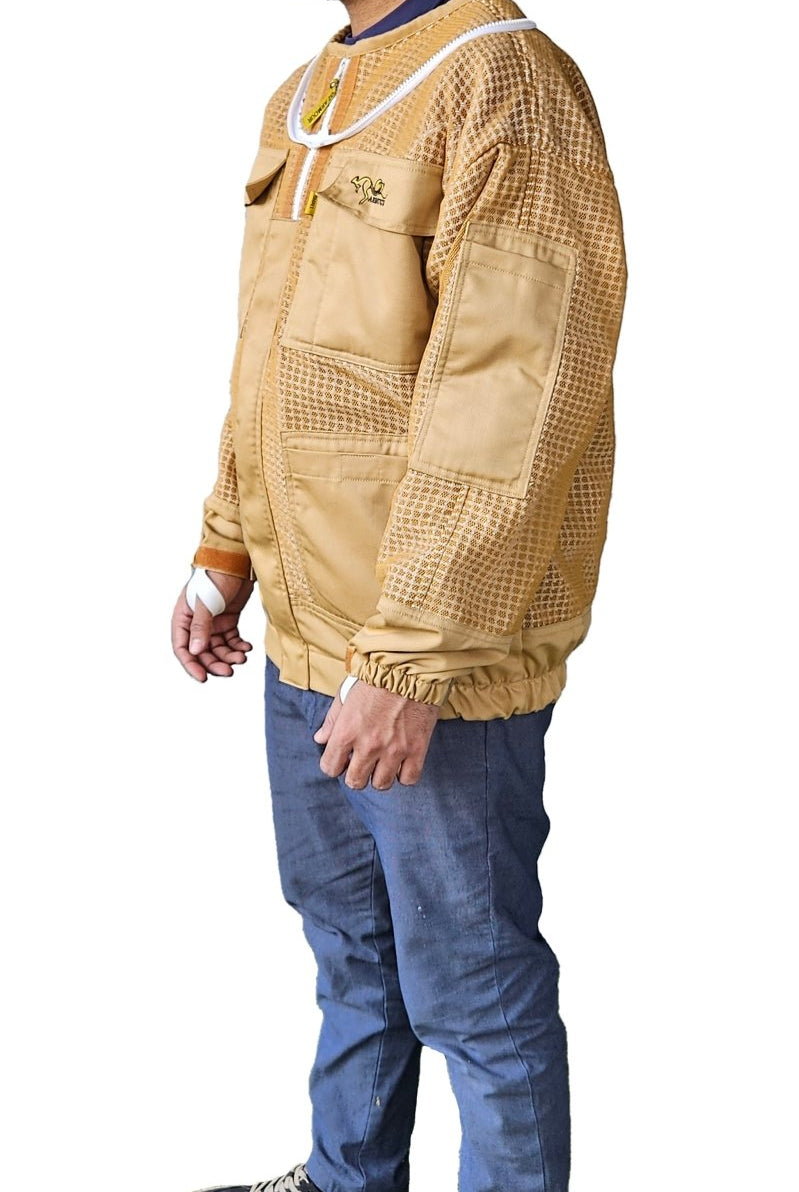 Khaki 3 Layer Mesh Ventilated Beekeeping Jacket With Fencing Veil & Round Hat Veil - Premium Jackets