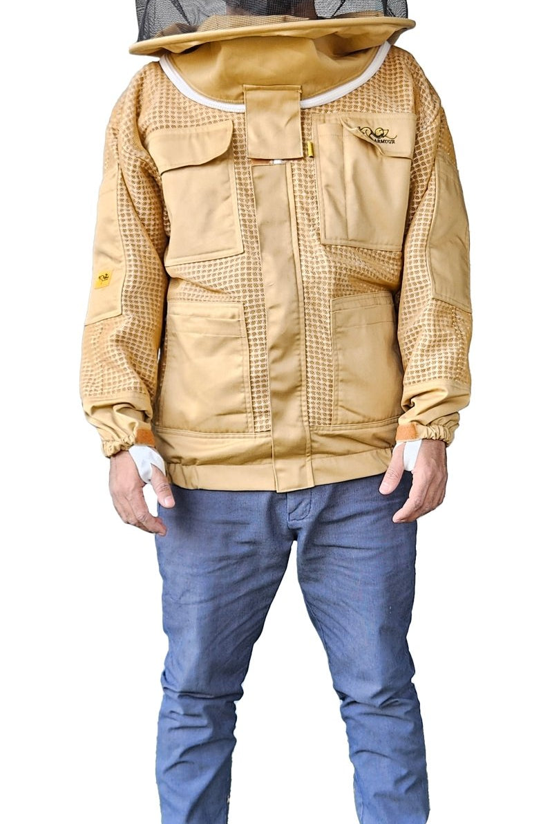 Khaki 3 Layer Mesh Ventilated Beekeeping Jacket With Fencing Veil & Round Hat Veil - Premium Jackets
