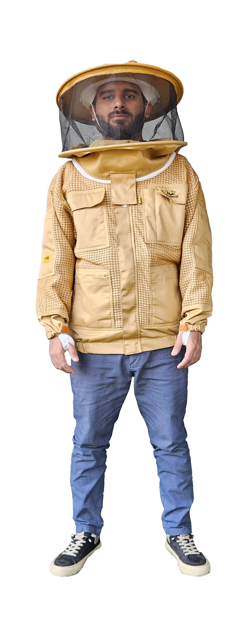 Khaki 3 Layer Mesh Ventilated Beekeeping Jacket With Fencing Veil & Round Hat Veil - Premium Jackets