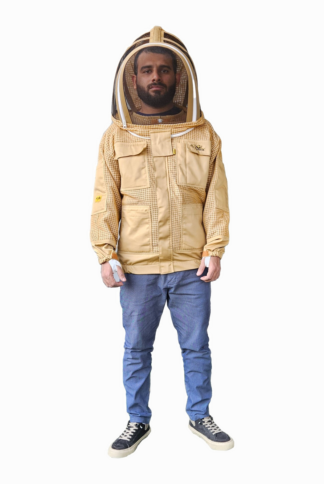 Khaki 3 Layer Mesh Ventilated Beekeeping Jacket With Fencing Veil & Round Hat Veil - Front Side