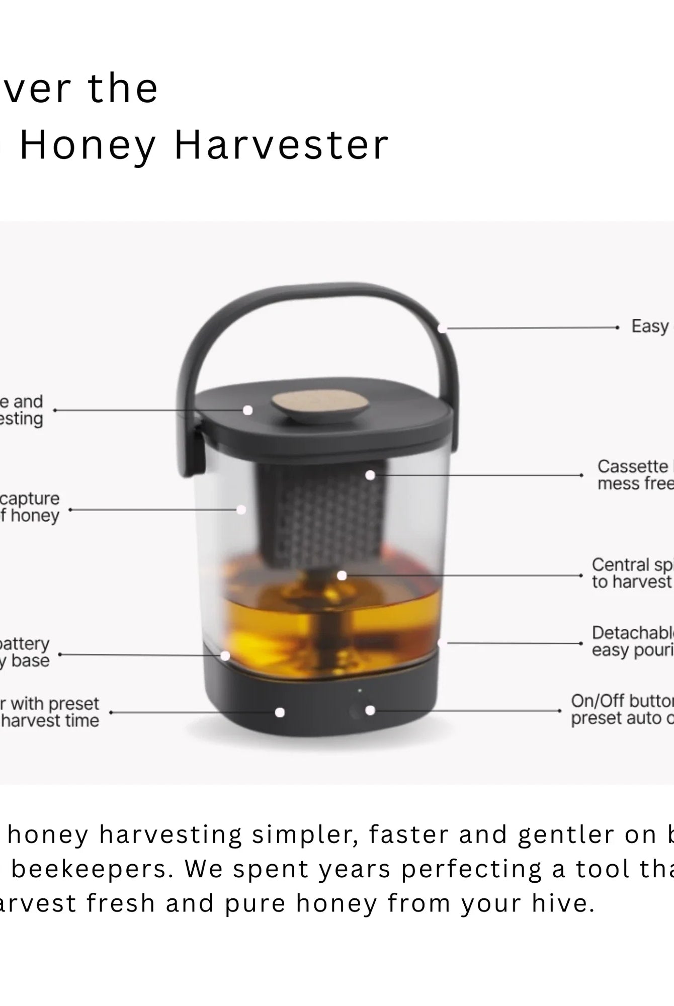 Diagram of the Micro Honey Harvester showing easy carry handle, honey capture bowl, cassette loading, central spinner, and rechargeable base