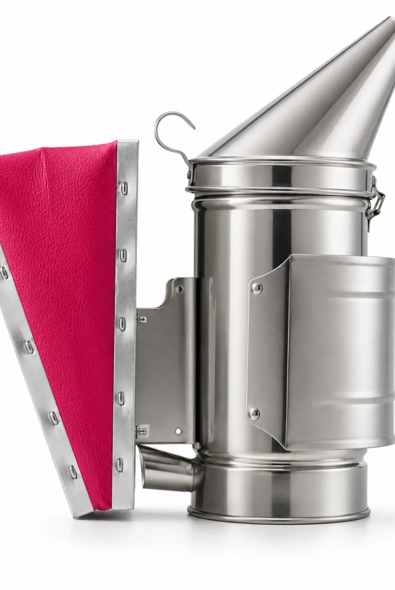 OZ Armour stainless steel bee smoker with pink bellows and hanging hook, side view