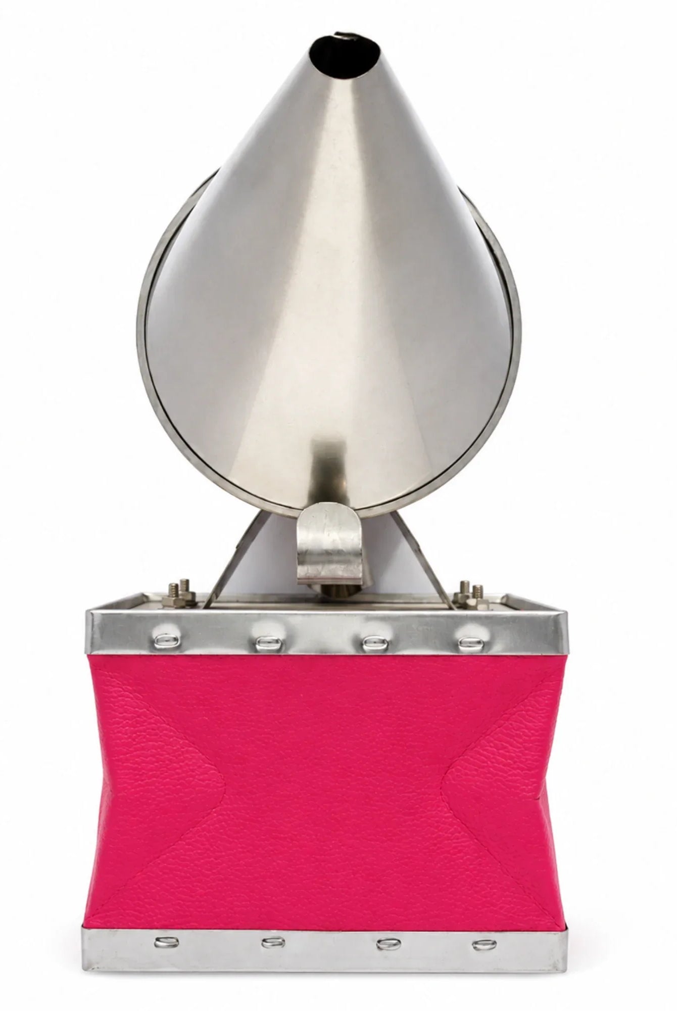OZ Armour pink bee smoker with stainless steel cone lid and pink leather bellows, front view