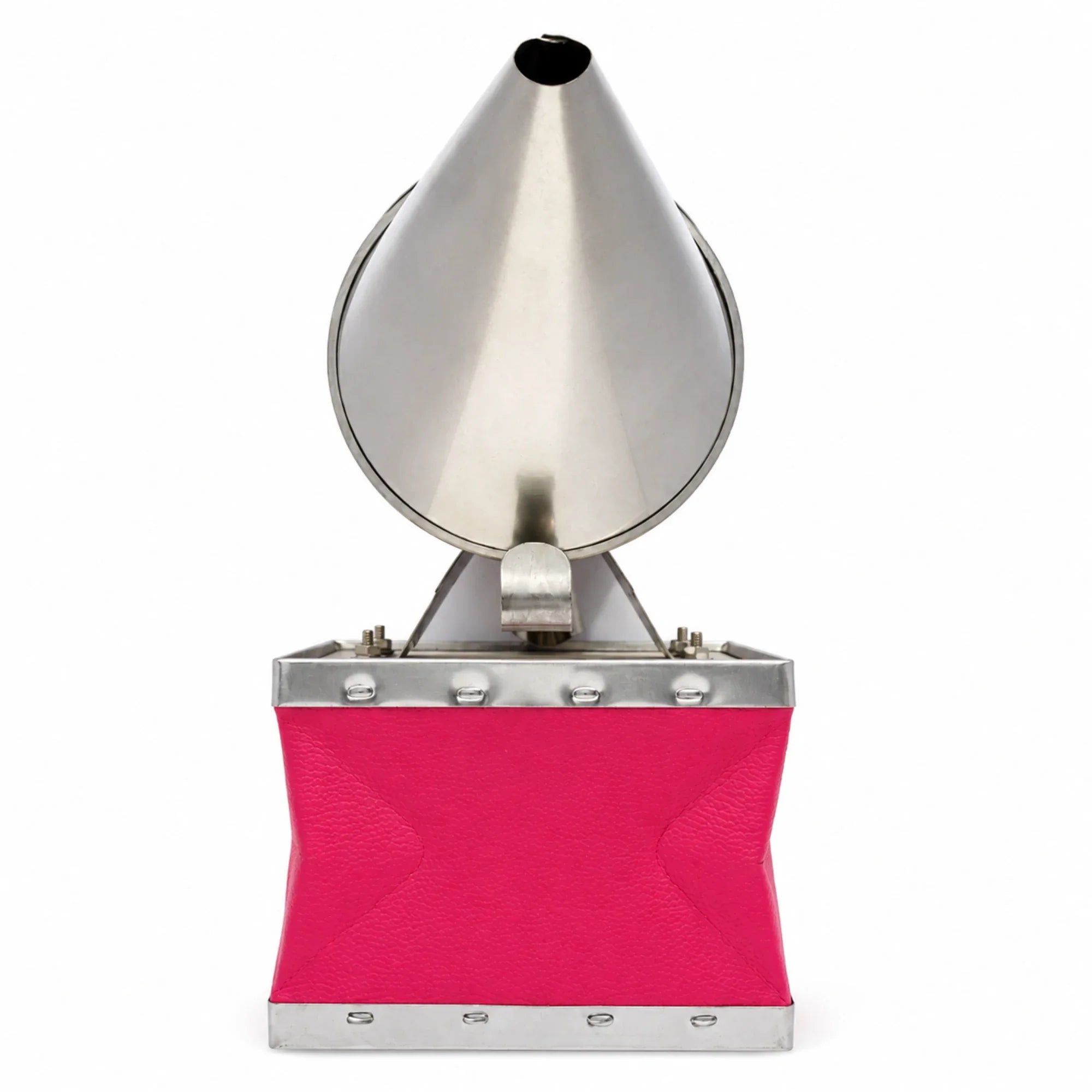 OZ Armour pink bee smoker with stainless steel cone lid and pink leather bellows, front view