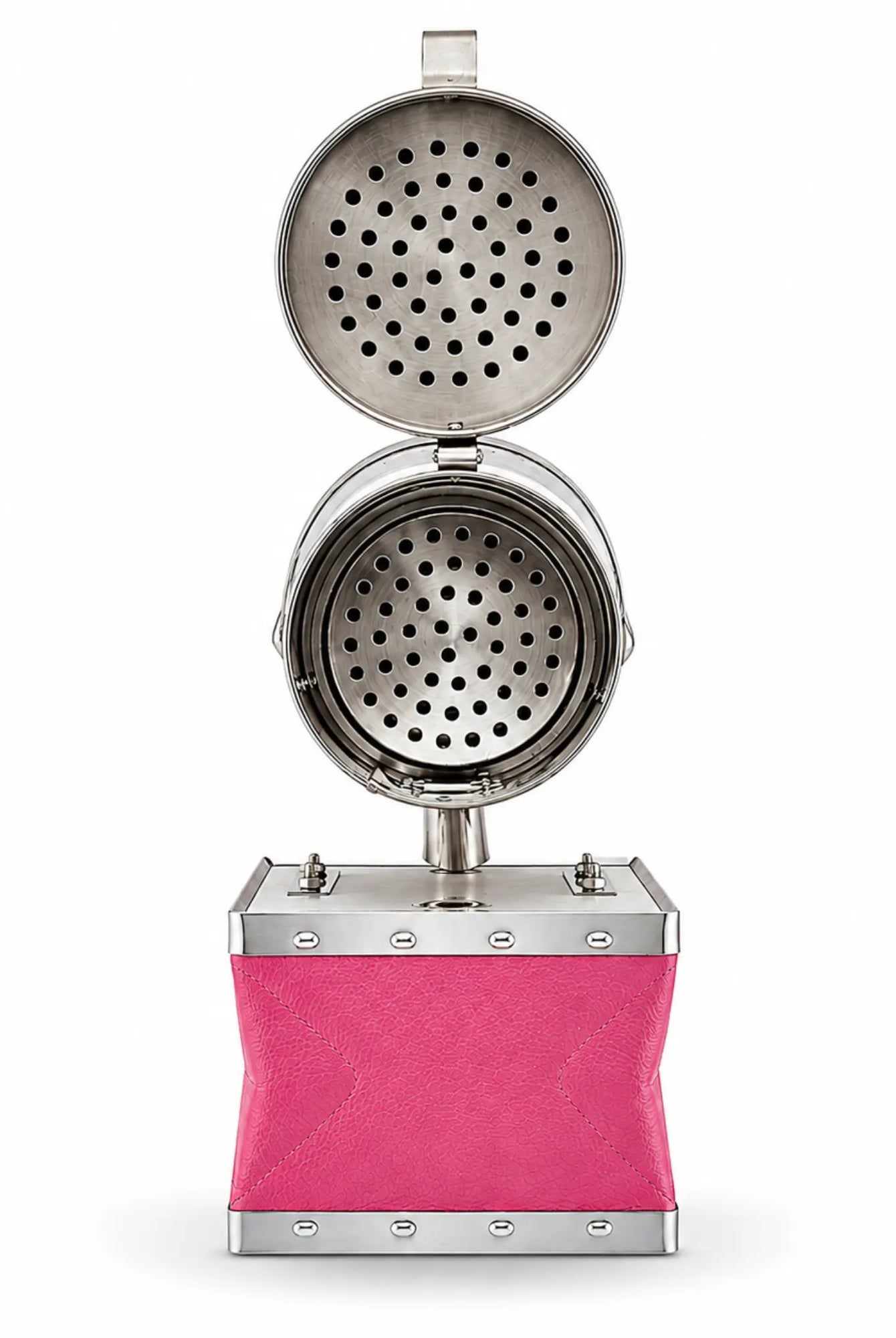OZ Armour pink bee smoker with lid open showing perforated heat shield and fire grate