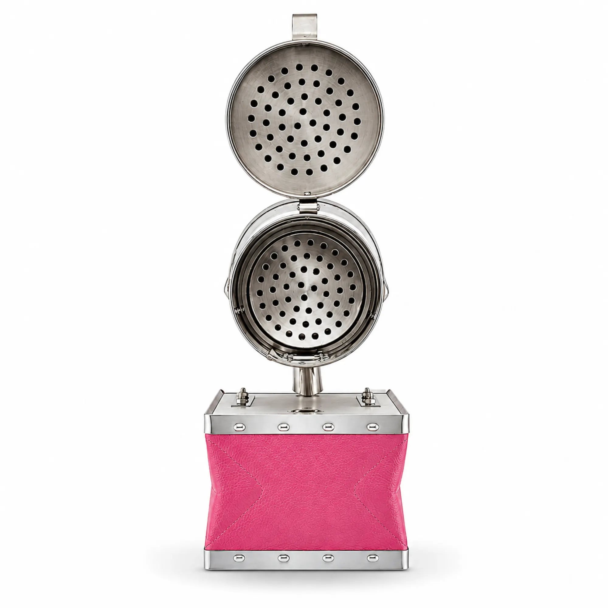 OZ Armour pink bee smoker with lid open showing perforated heat shield and fire grate