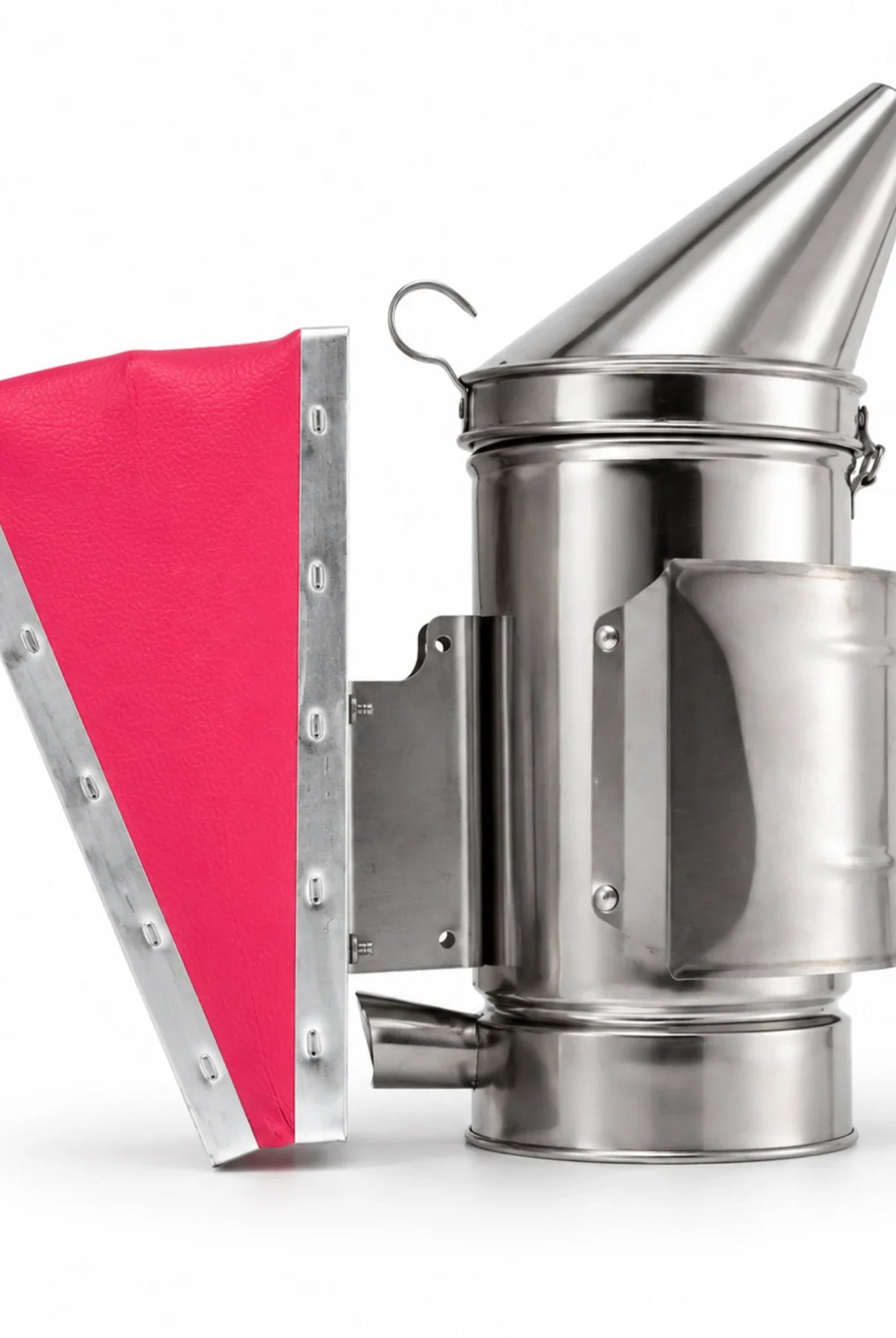 OZ Armour pink leather bellows bee smoker in stainless steel for beekeeping, side profile
