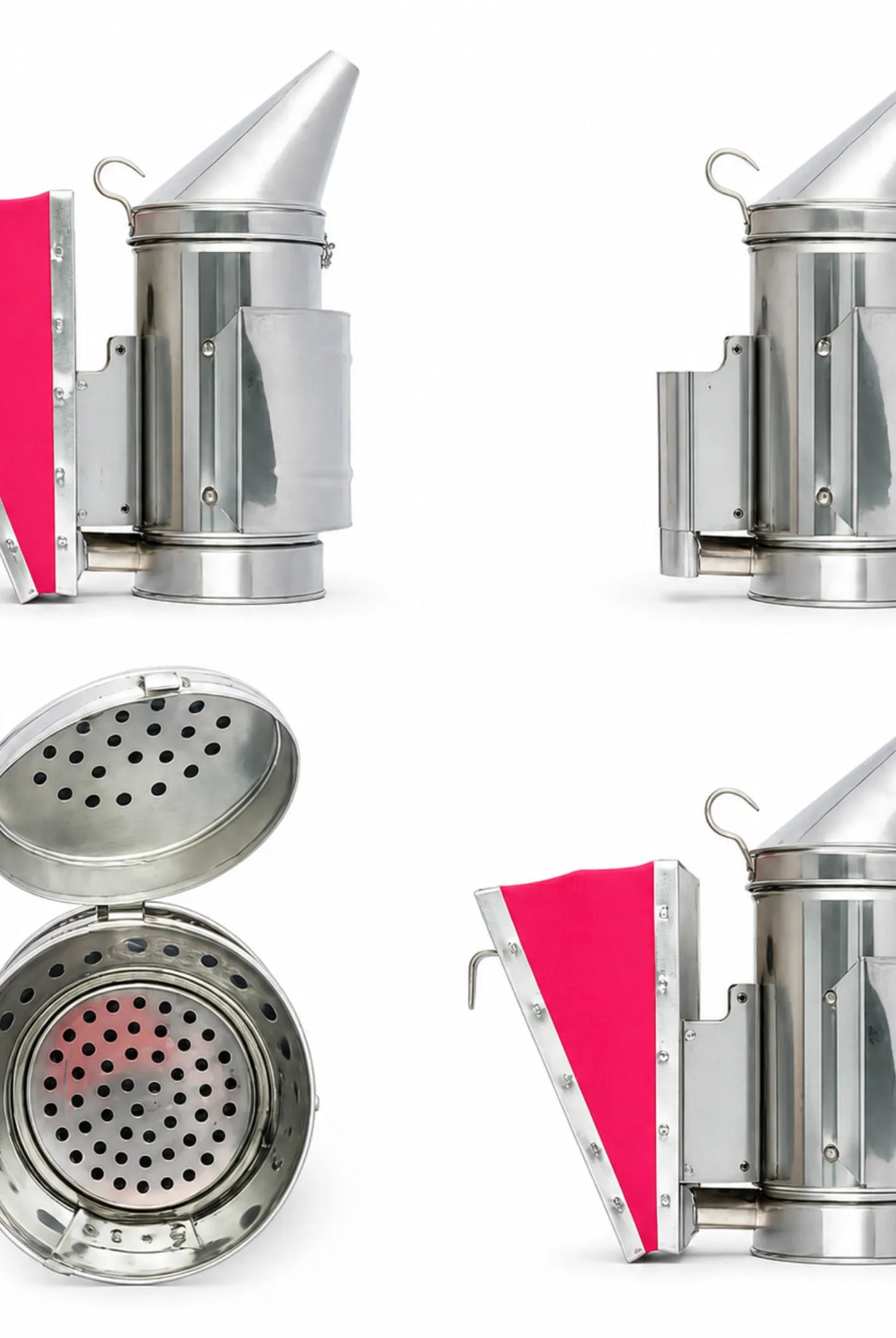 OZ Armour pink bee smoker shown from multiple angles with open fire chamber and bellows