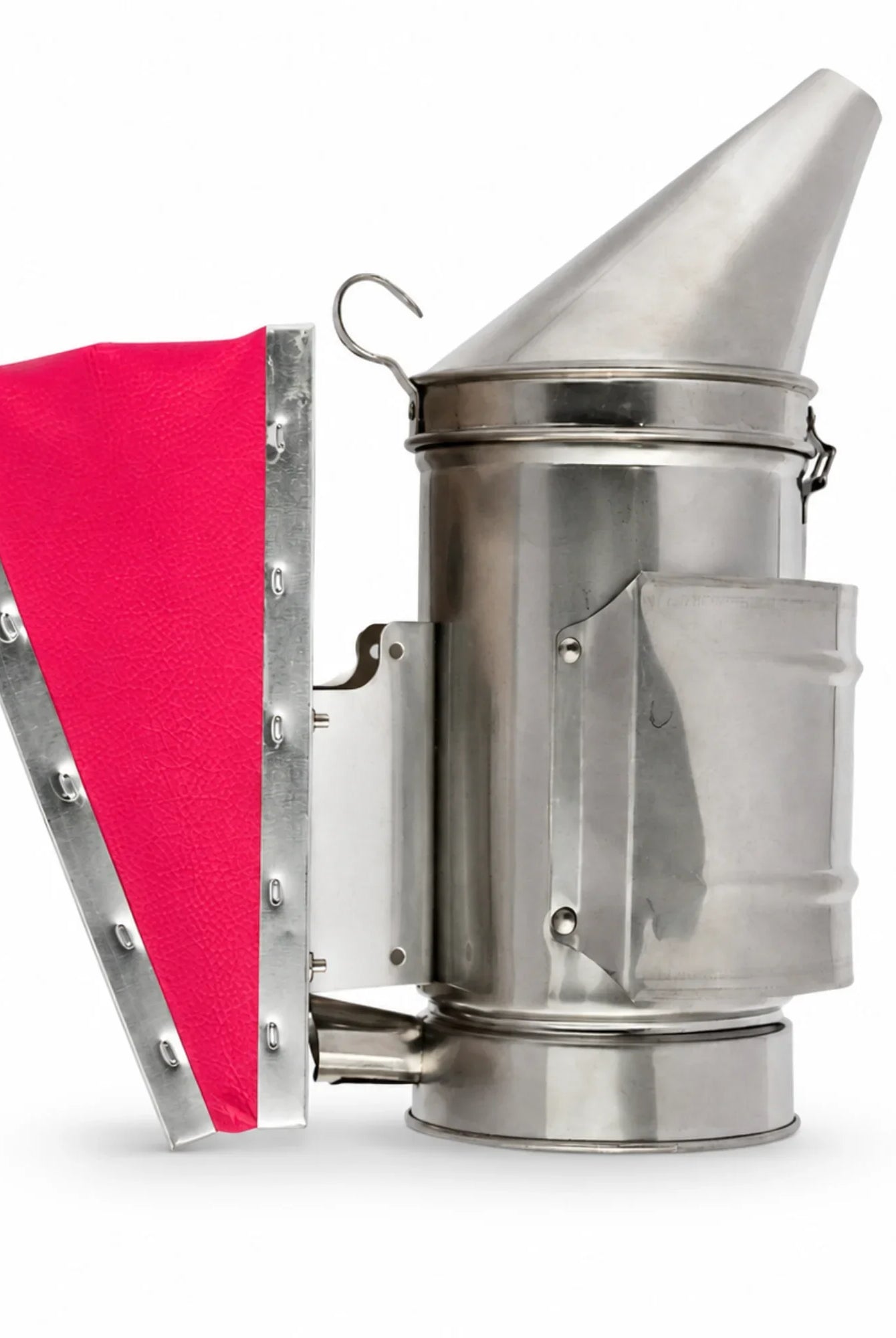 OZ Armour pink bellows bee smoker in stainless steel with heat guard, side view