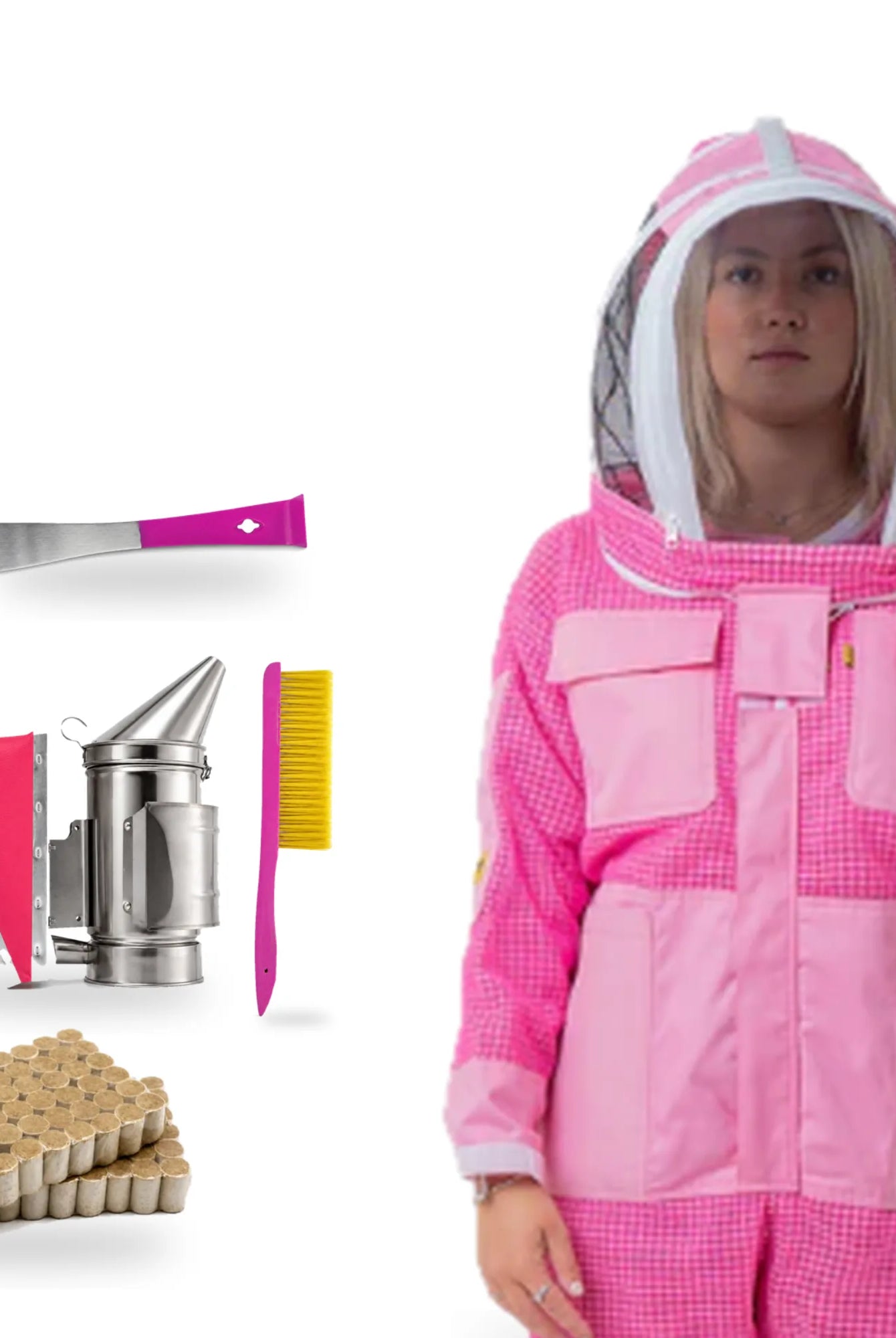 Person wearing a pink beekeeping suit with beekeeping tools on a white background