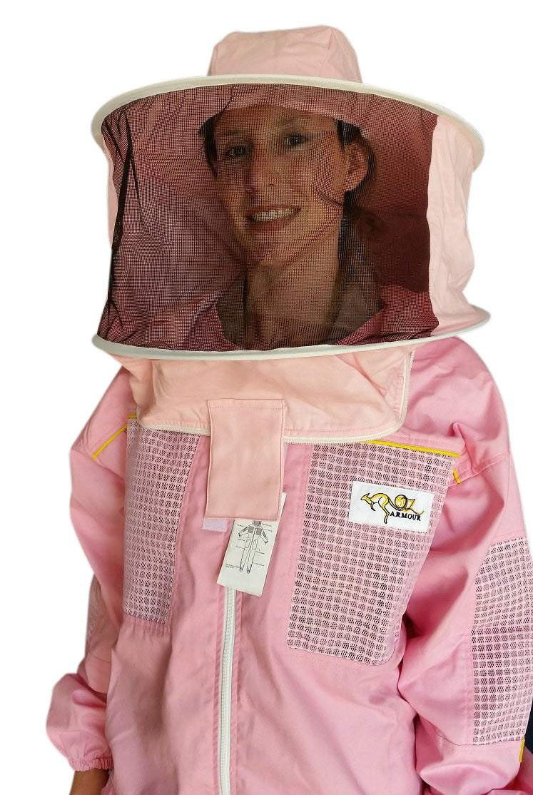 Pink Poly Cotton Semi Ventilated Beekeeping Suit With Fencing Veil & Round Hat Veil - Premium Adult Suits