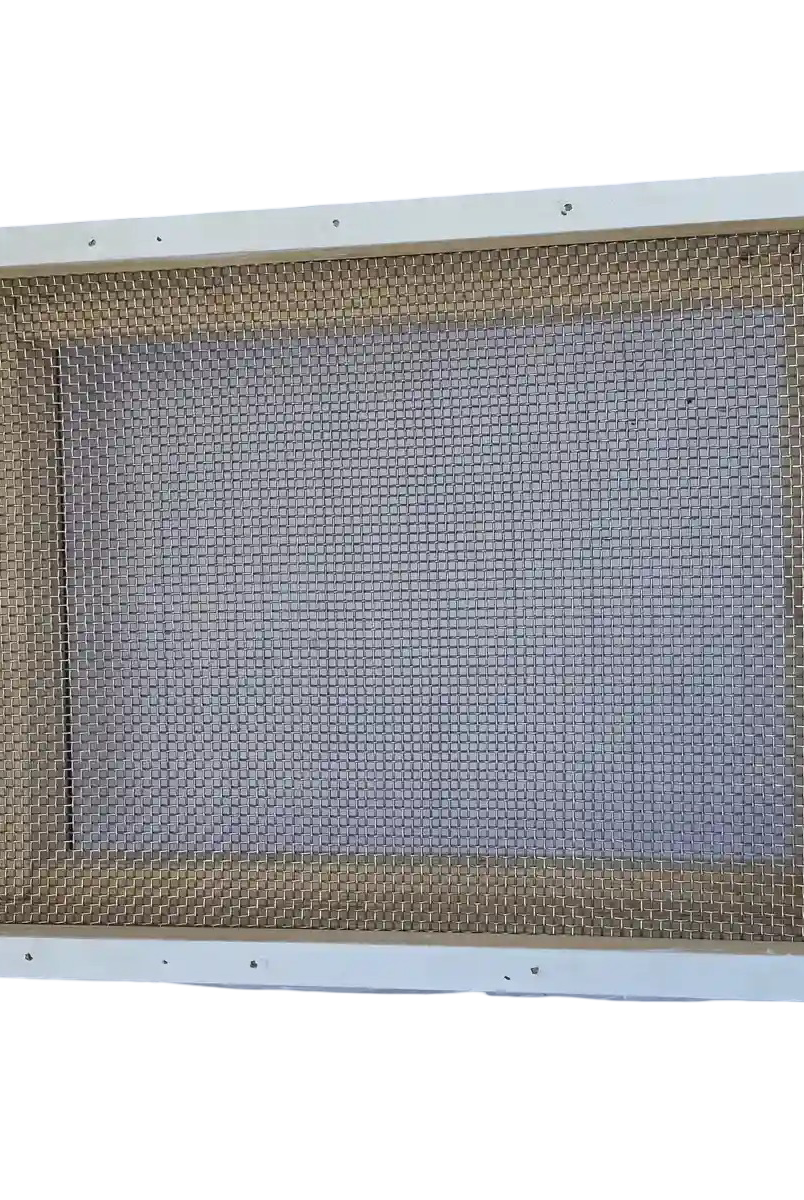 White painted wooden screened bottom board with wire mesh frame — top view