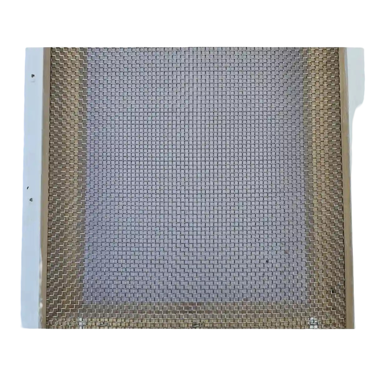 Close-up top view of stainless steel wire mesh on screened bottom board for beehive